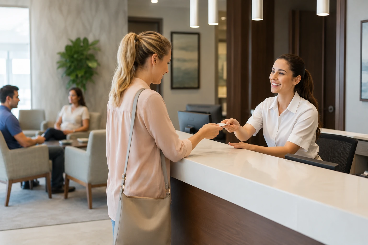 Patient welcomed by clinic reception staff